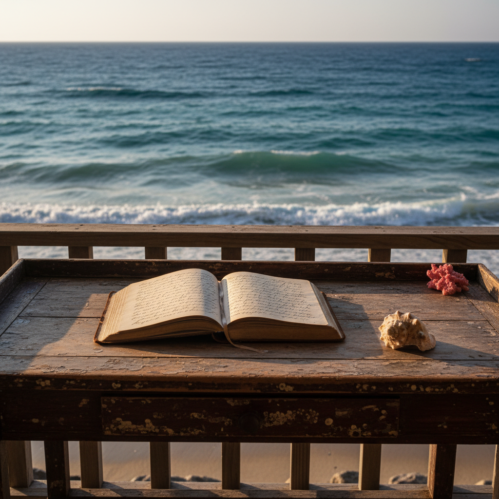 An open notebook on a wooden desk overlooking the sea