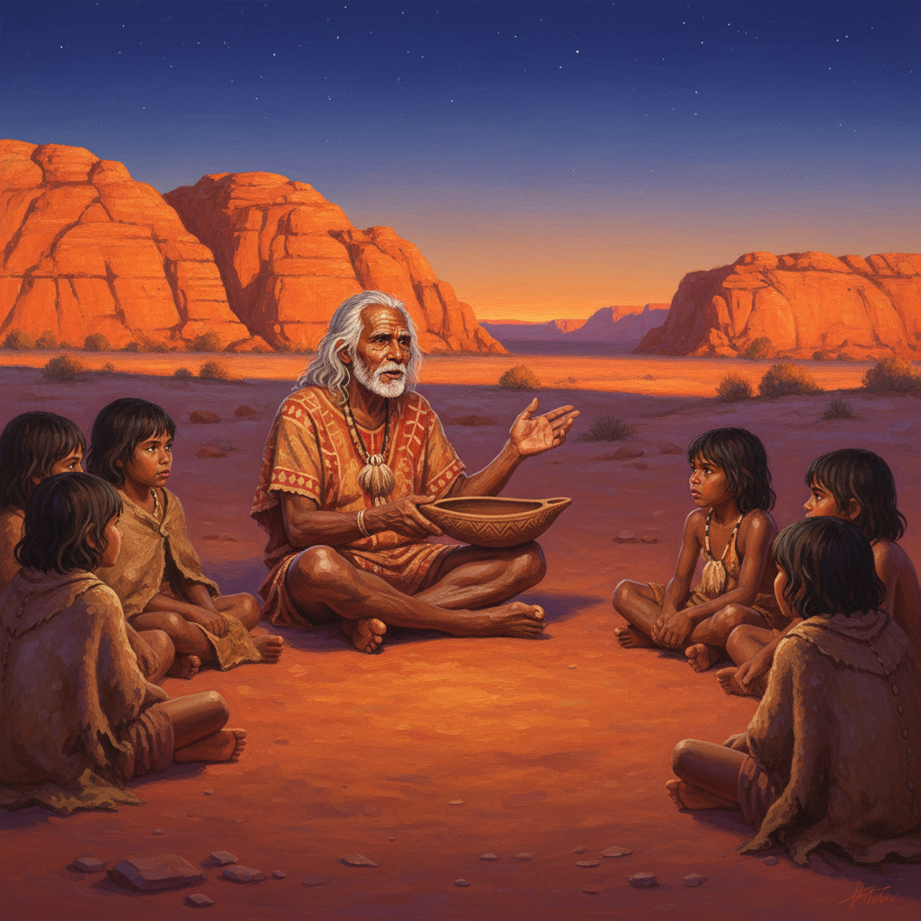 An elder telling Dreamtime in the red desert.