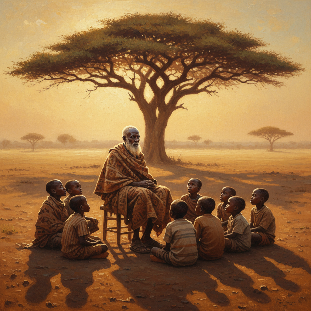 A grandfather under an acacia, the savanna at golden hour.