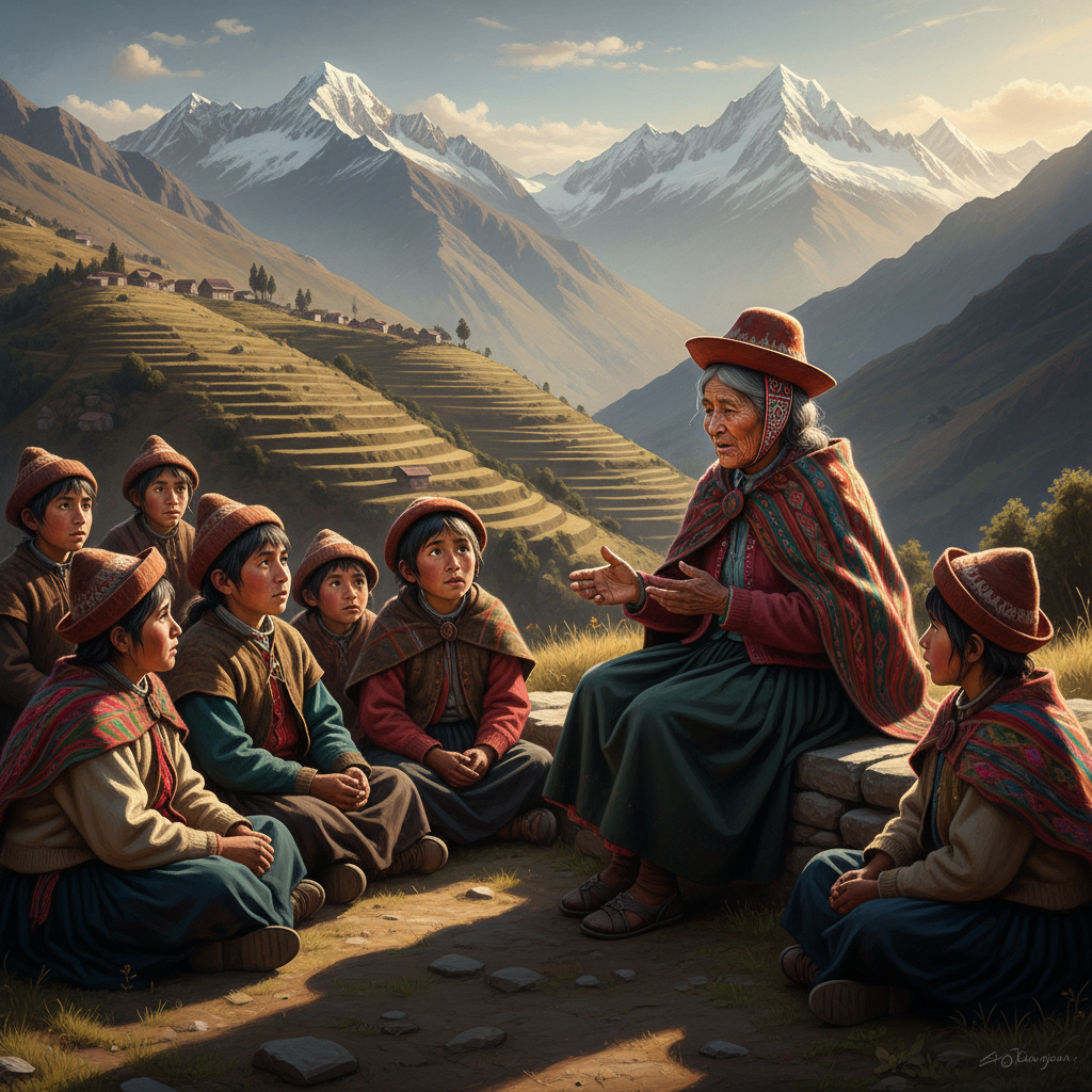 A Quechua elder in the high Andes, terraces below.