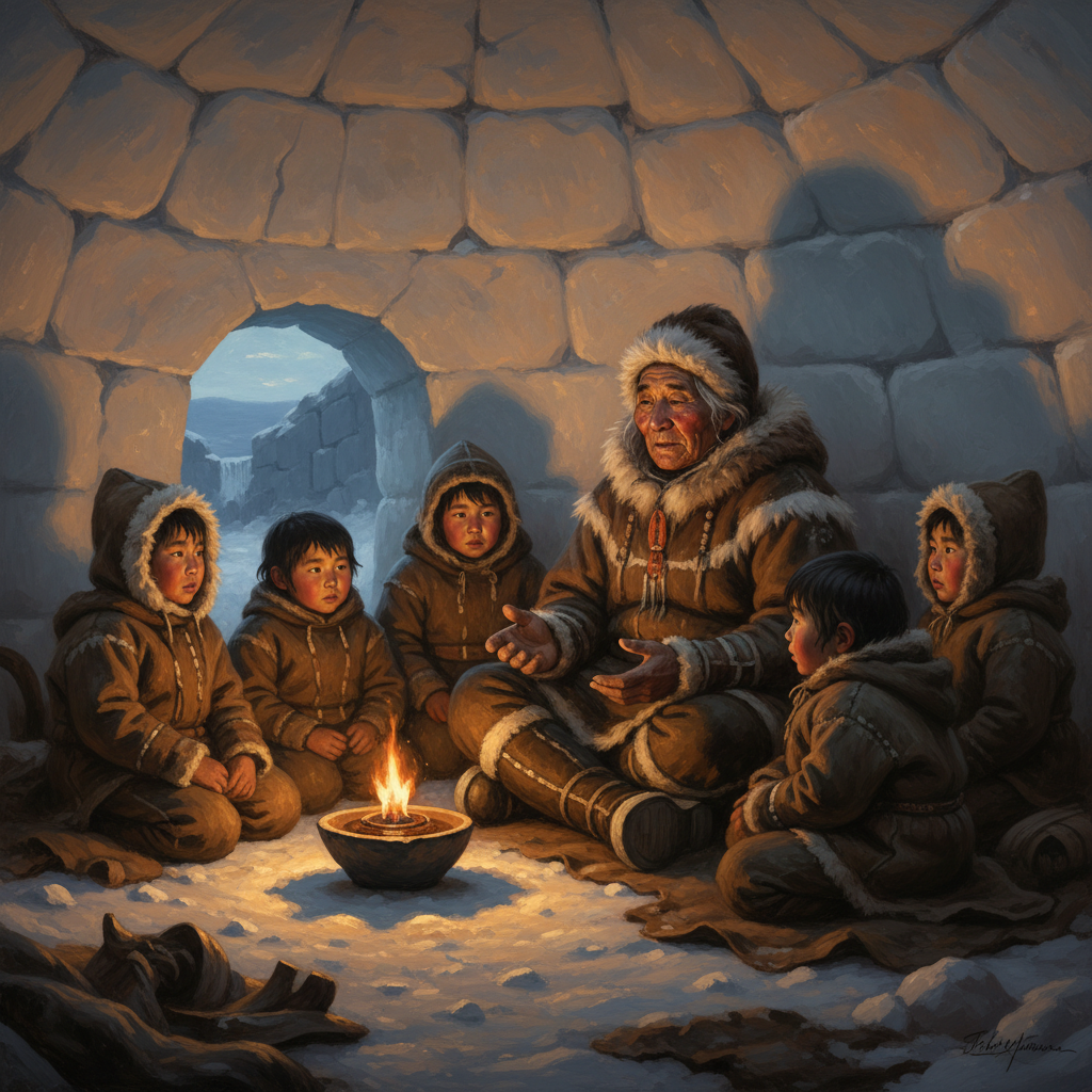 A grandmother by the seal-oil lamp, snow walls glowing.