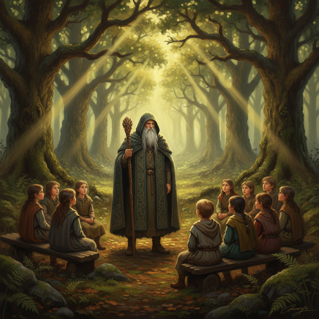 A druid in the oak grove, mist between the trees.