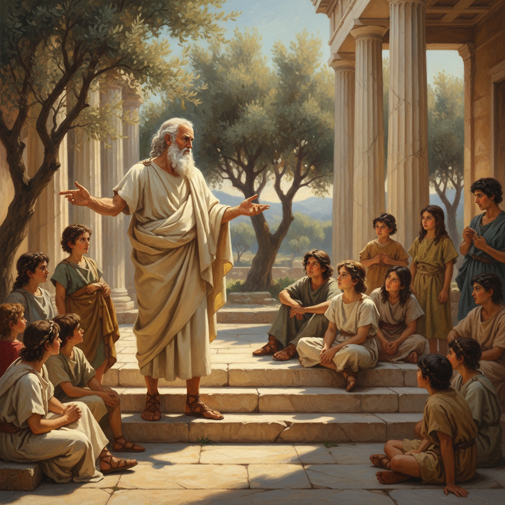 A philosopher on the marble steps of the agora.