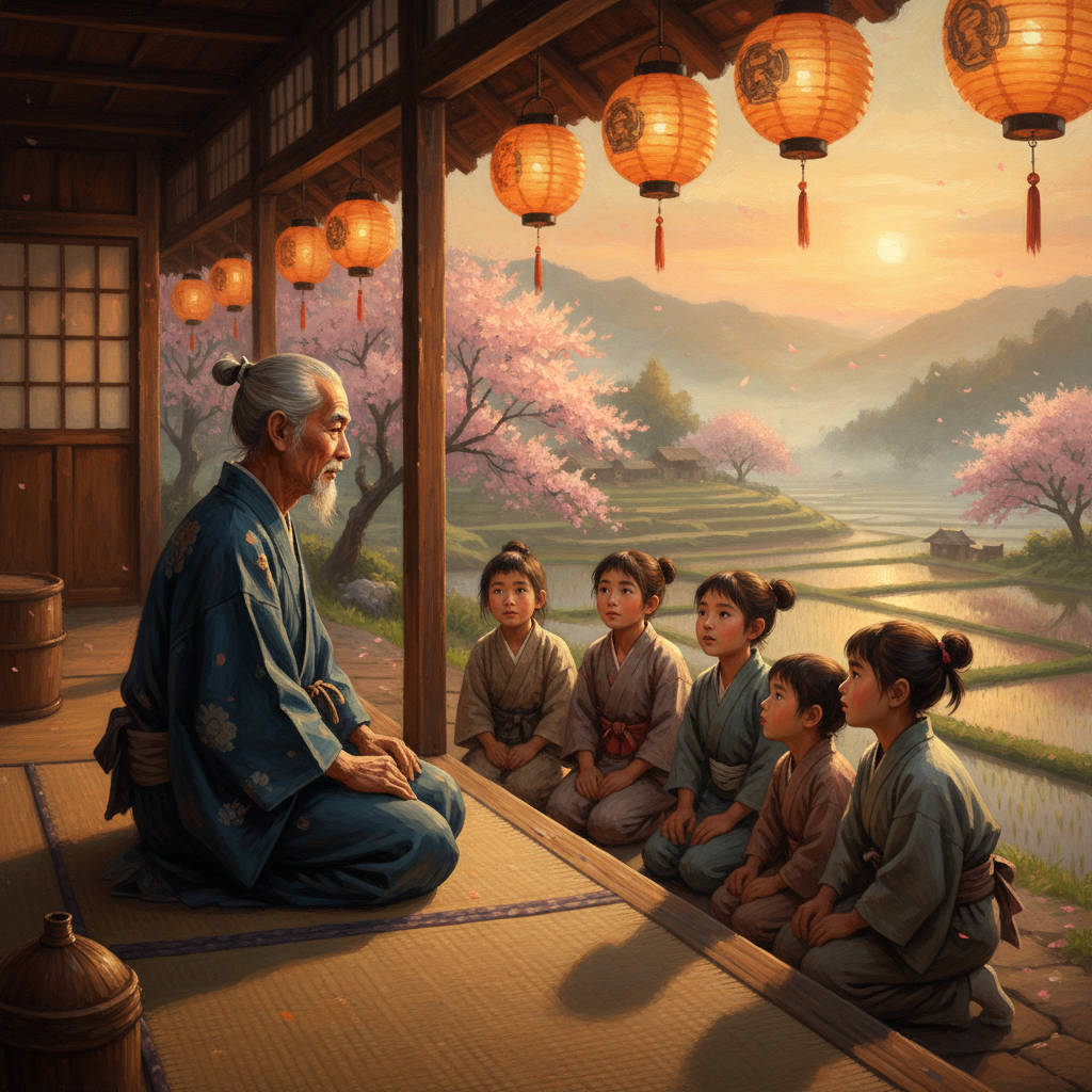 A village elder on the veranda, lanterns lit at dusk.