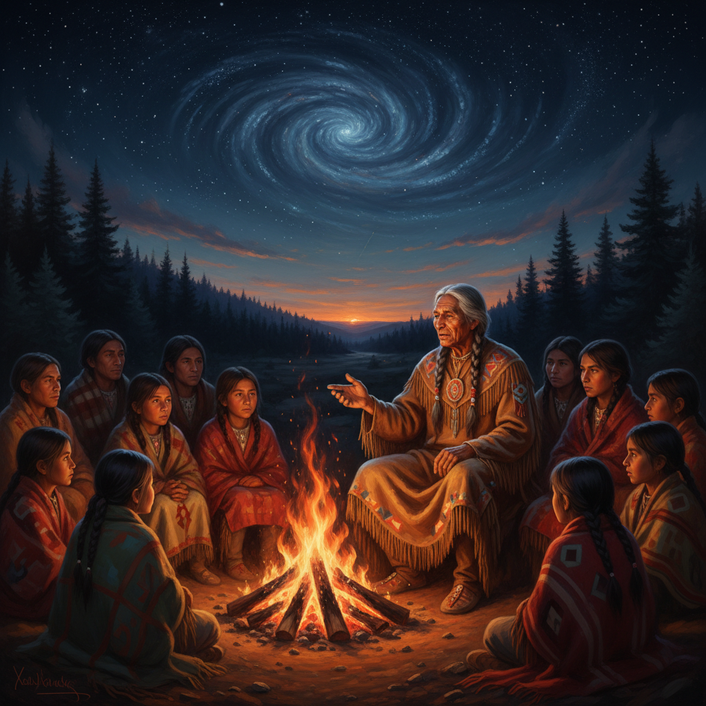 An elder beside the fire, the children wrapped in blankets.