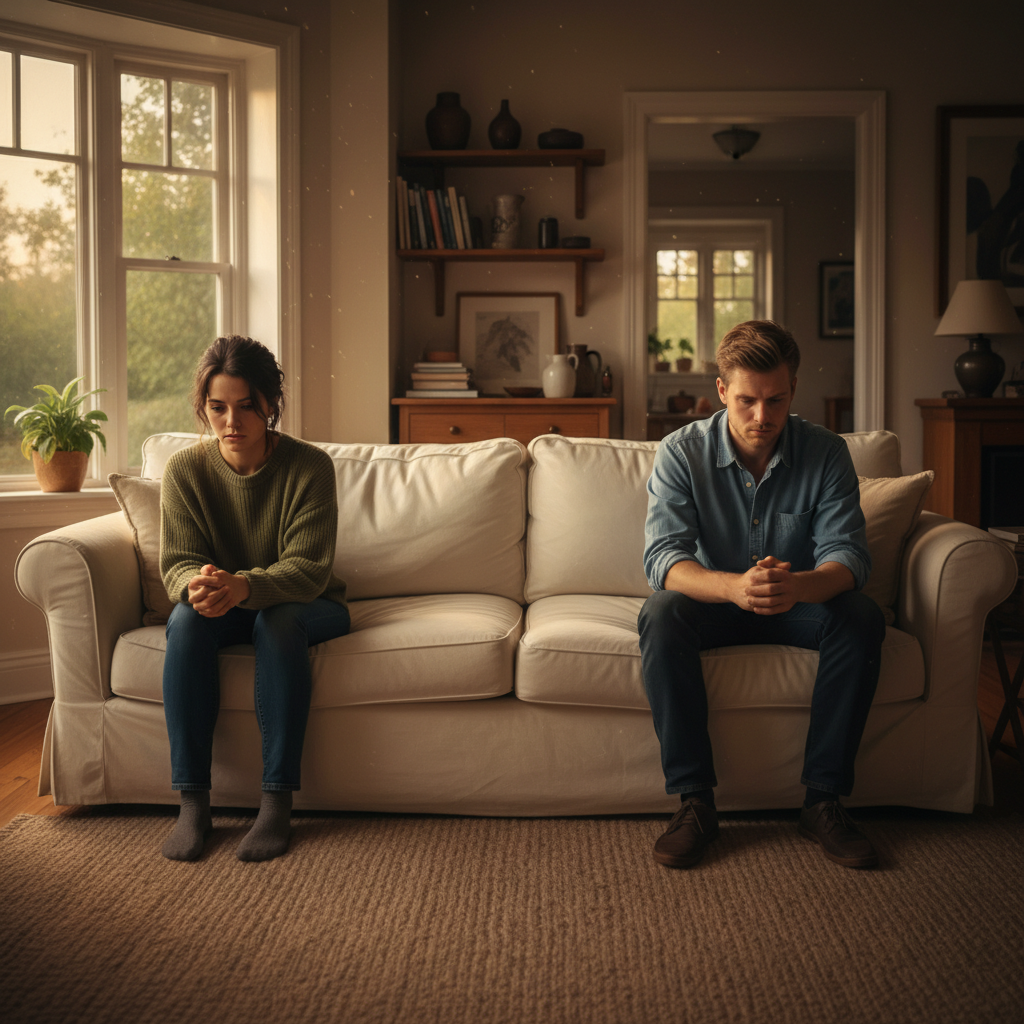 A young couple having a difficult conversation on a couch