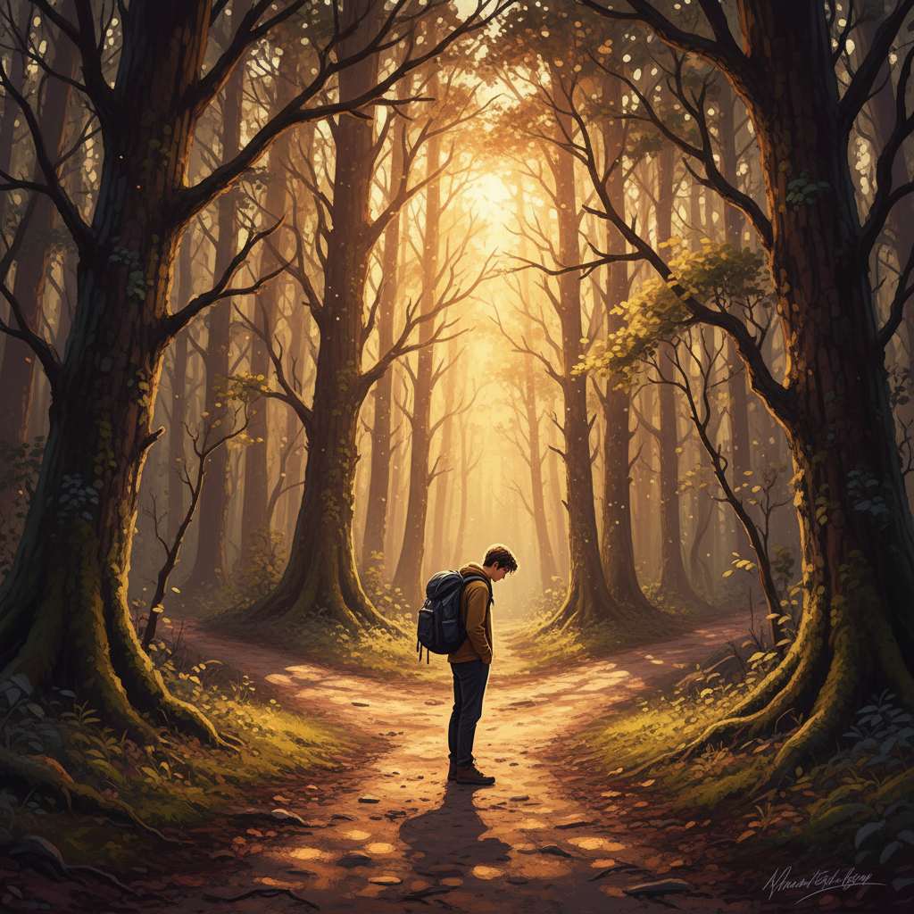 A young person standing at a literal crossroads at dusk