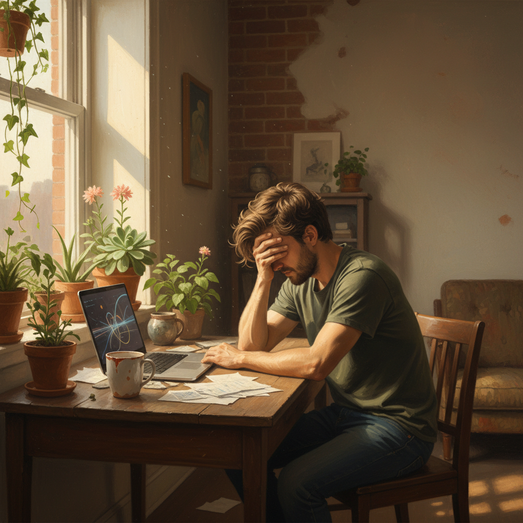 A young person at a desk by a window looking worried