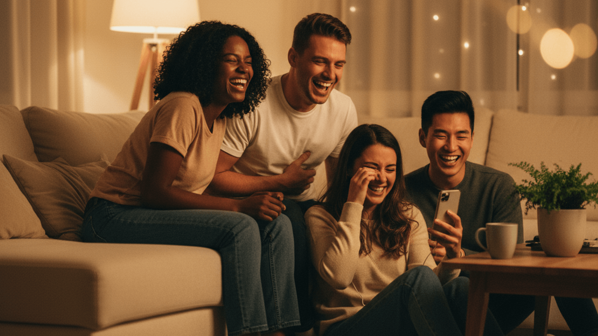 A group of young friends laughing together while listening to a River story