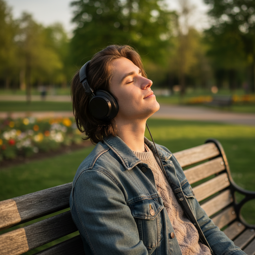 A young person listening to a story through headphones