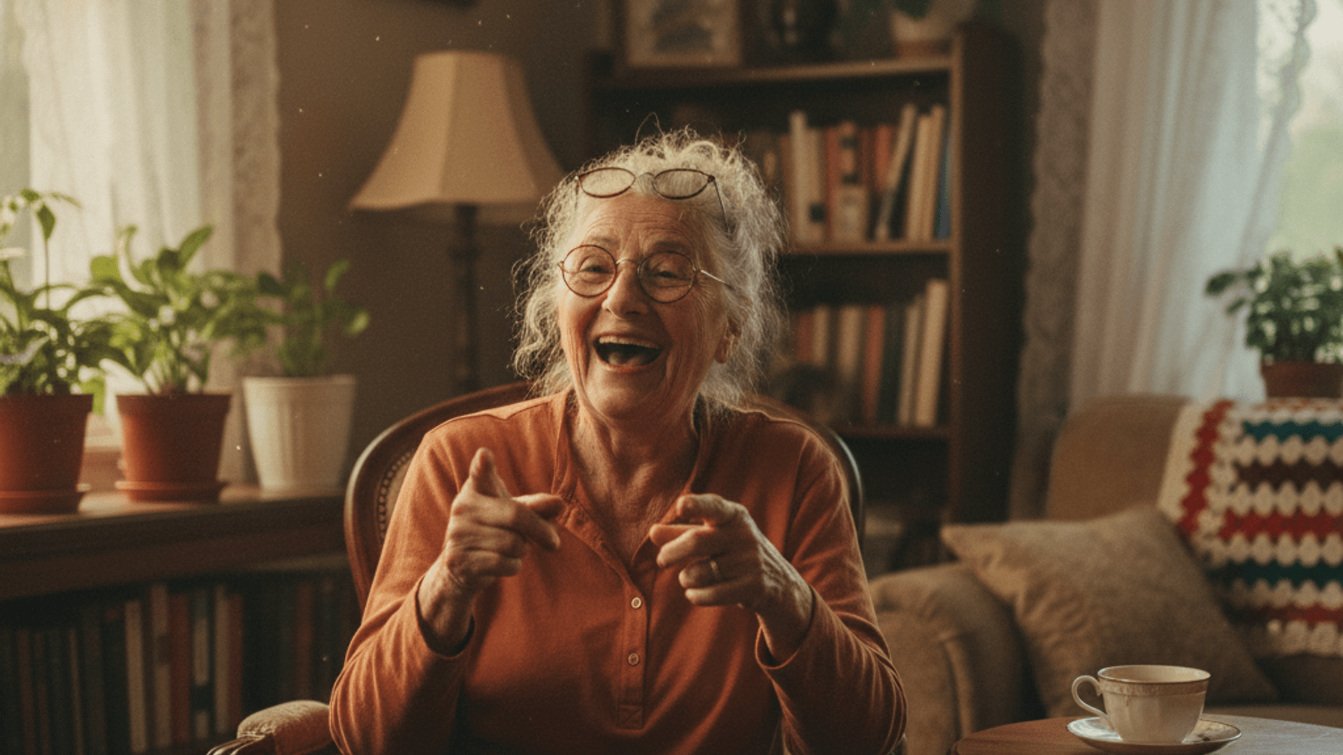 A grandmother laughing mid-punchline in her living room