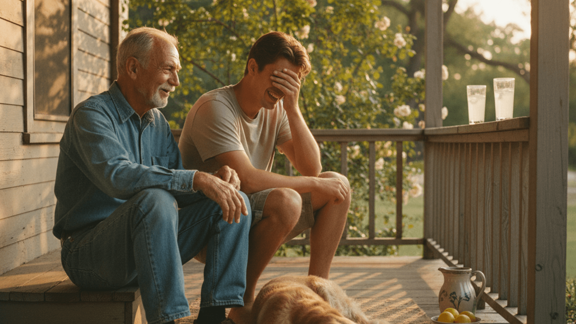 A grandfather and his grandson crying with laughter on a porch