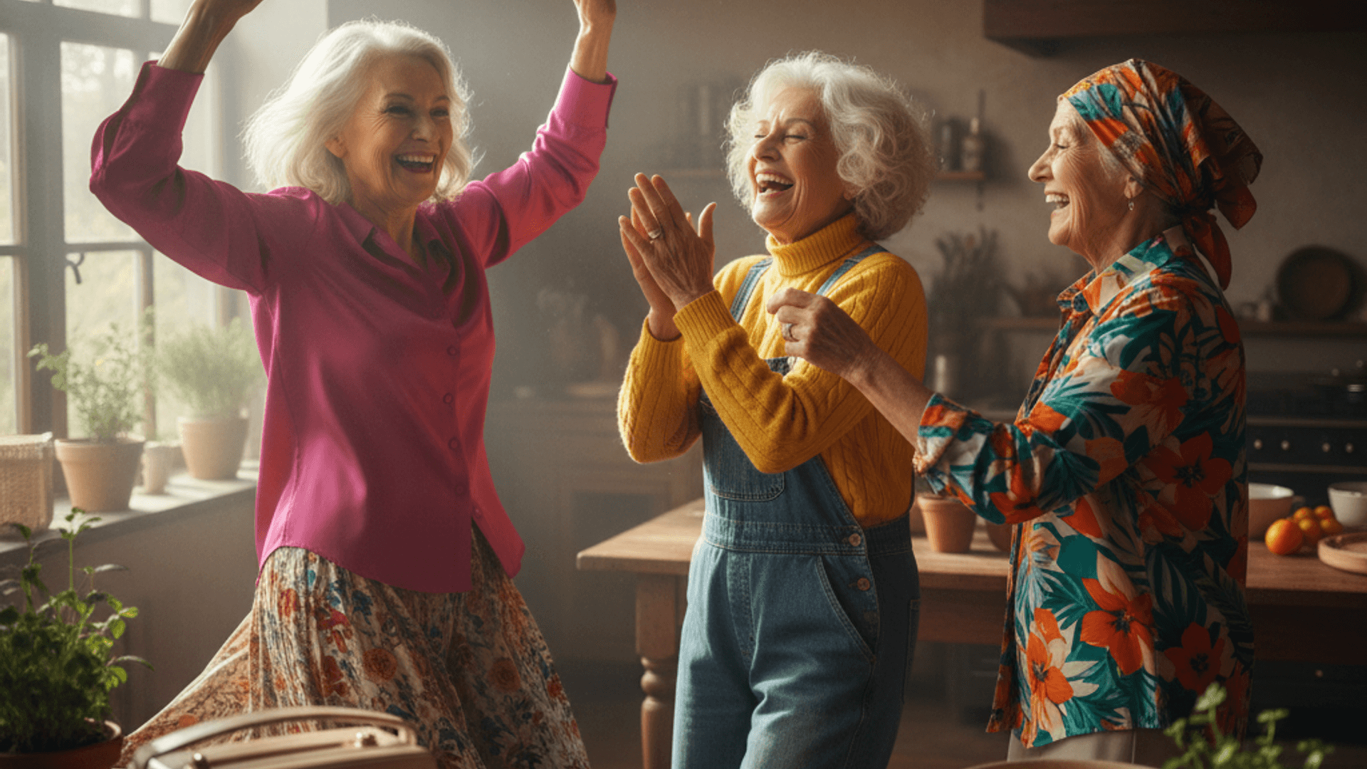 Three older women dancing and laughing in a sunlit kitchen